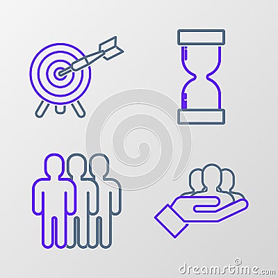 Set line Project team base, Users group, Old hourglass with flowing sand and Target arrow icon. Vector Stock Photo