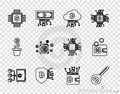 Set line Proof of stake, Cryptocurrency key, cloud mining, Shield with bitcoin, Processor chip dollar, ASIC Miner Vector Illustration