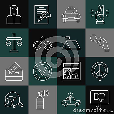 Set line Protest, Peace, Hooligan shooting stones, Police car and flasher, Handcuffs, Scales of justice, Censor freedom Vector Illustration