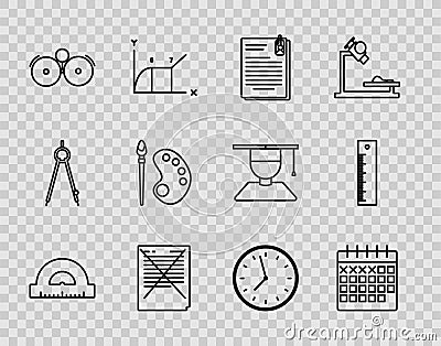 Set line Protractor grid for measuring degrees, Calendar, File document and paper clip, Exam with incorrect answers Stock Photo