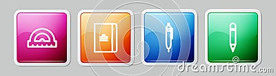 Set line Protractor, Spiral notebook, Pen and Pencil with eraser. Colorful square button. Vector Stock Photo