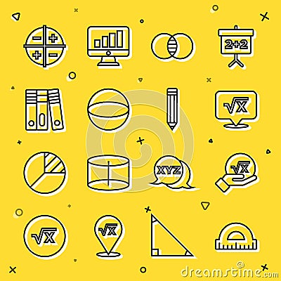 Set line Protractor, Square root of x glyph, Mathematics sets A and B, Geometric figure Sphere, Office folders, XYZ Vector Illustration