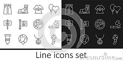 Set line Psilocybin mushroom, Cigarette, Peace dress print stamp, Flag peace, Jeans wide, No war and Sneakers icon Vector Illustration