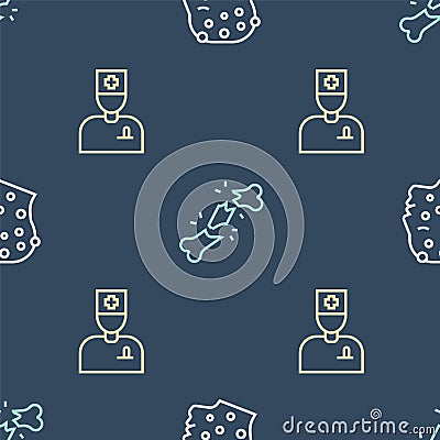 Set line Psoriasis or eczema rash, Male doctor and Human broken bone on seamless pattern. Vector Vector Illustration