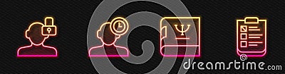 Set line Psychology book, Closed personality, Insomnia and Psychological test. Glowing neon icon. Vector Vector Illustration