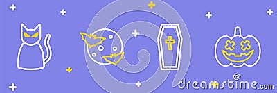 Set line Pumpkin, Coffin with christian cross, Moon and stars and Black cat icon. Vector Vector Illustration