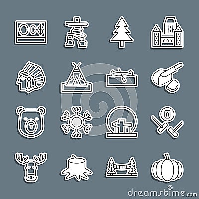 Set line Pumpkin, Curling sport game, Peameal bacon, Christmas tree, Indian teepee wigwam, Native American, Canadian Vector Illustration