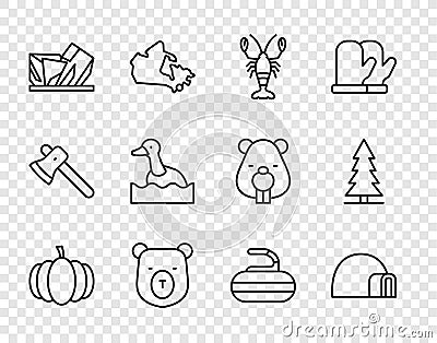 Set line Pumpkin, Igloo ice house, Lobster, Bear head, Royal Ontario museum, Flying duck, Stone for curling and Canadian Vector Illustration