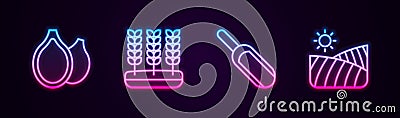 Set line Pumpkin seeds, Wheat, Scoop flour and Agriculture wheat field. Glowing neon icon. Vector Stock Photo