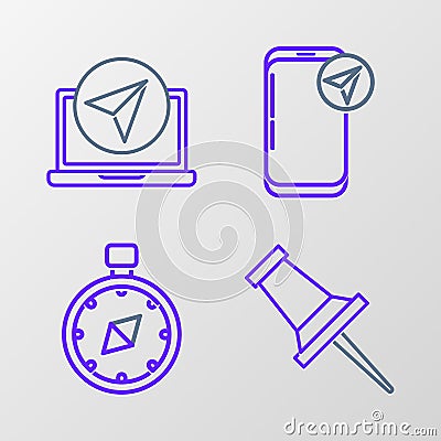 Set line Push pin, Compass, Infographic of city map navigation and icon. Vector Vector Illustration