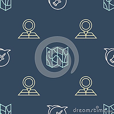 Set line Push pin, Folded map with location marker and on seamless pattern. Vector Vector Illustration