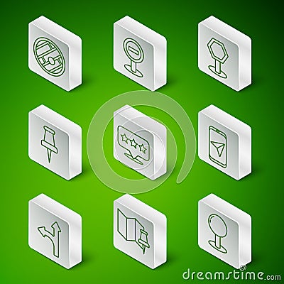 Set line Push pin, Folded map with push, location, Map pointer star, Stop sign, Road traffic and City navigation icon Stock Photo