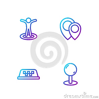 Set line Push pin, Taxi car roof, Location with person and . Gradient color icons. Vector Vector Illustration