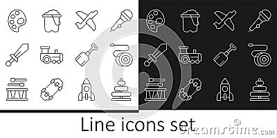 Set line Pyramid toy, Yoyo, Toy plane, train, Sword, Palette, Shovel and Sand bucket icon. Vector Stock Photo