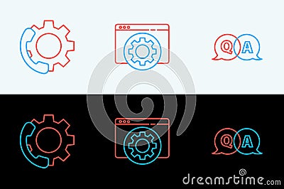 Set line Question and Answer, Telephone 24 hours support and Browser setting icon. Vector Stock Photo