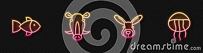 Set line Rabbit head, Fish, Wild boar and Jellyfish. Glowing neon icon. Vector Vector Illustration