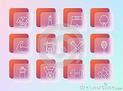 Set line Racket, Medal, Crossed baseball bat, Dumbbell, Stopwatch, Boxing short, Kimono and Chess icon. Vector Vector Illustration