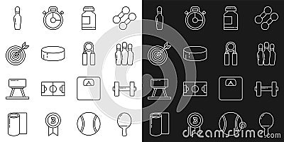 Set line Racket for playing table tennis, Dumbbell, Bowling pin, Sports nutrition, Hockey puck, Target with arrow, and Vector Illustration