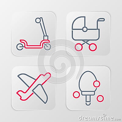 Set line Racket, Toy plane, Baby stroller and Roller scooter icon. Vector Vector Illustration