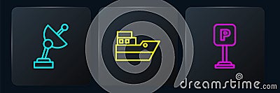 Set line Radar, Parking and Ship line path. Black square button. Vector Vector Illustration