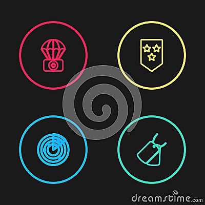 Set line Radar with targets, Military dog tags, Chevron and Parachute first aid kit icon. Vector Vector Illustration