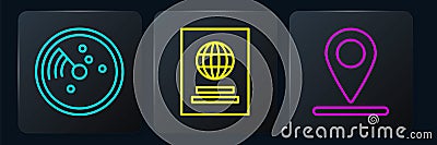 Set line Radar with targets on monitor, Location and Passport. Black square button. Vector Vector Illustration