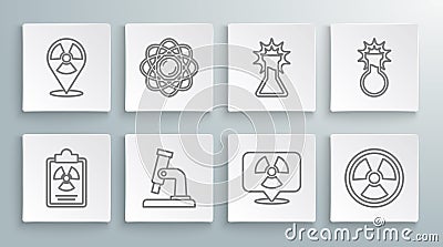 Set line Radiation warning document, Atom, Microscope, Radioactive location, Test tube and flask, and icon. Vector Stock Photo