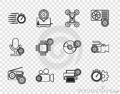 Set line Radio setting, Time management, Hourglass, Video camera, Stopwatch, Processor, Printer and icon. Vector Vector Illustration