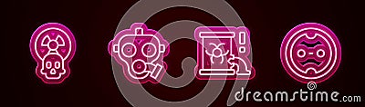 Set line Radioactive, Gas mask, waste in barrel and Electrical outlet. Glowing neon icon. Vector Vector Illustration