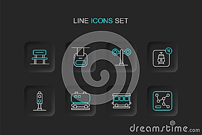 Set line Railway map, Passenger train cars, Oil railway cistern, Train traffic light, Online ticket booking, Cable and Vector Illustration