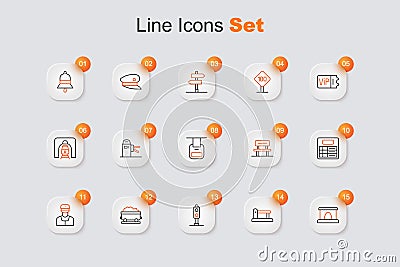 Set line Railway tunnel, Railway, railroad track, Train traffic light, Coal train wagon, conductor, station board Vector Illustration