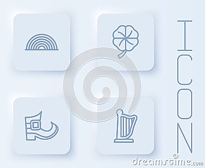 Set line Rainbow, Four leaf clover, Leprechaun boot and Harp. White square button. Vector Vector Illustration