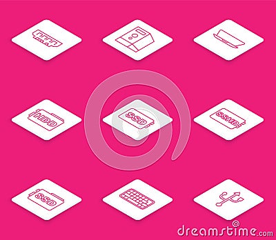 Set line RAM, random access memory, Case of computer, Laptop, Hard disk drive HDD, SSD card, SSHD, and Keyboard icon Vector Illustration