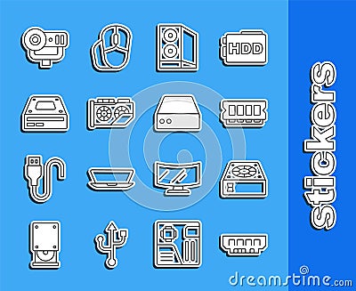 Set line RAM, random access memory, Computer cooler, Case of computer, Video graphic card, Optical disc drive, Web Stock Photo