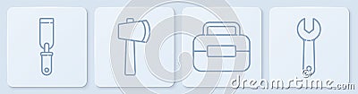 Set line Rasp metal file, Toolbox, Wooden axe and Wrench spanner. White square button. Vector Vector Illustration