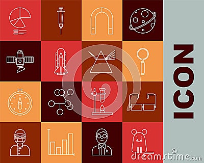 Set line Rat, Glasses, Magnifying glass, Magnet, Space shuttle and rockets, Satellite, Pie chart infographic and Light Vector Illustration