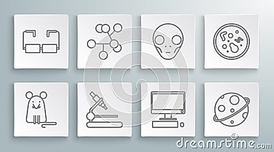 Set line Rat, Molecule, Microscope, Computer monitor with keyboard and mouse, Planet, Extraterrestrial alien face Vector Illustration