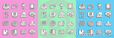 Set line Received message concept, Download inbox, Envelope with magnifying glass, Mail, and e-mail speech bubble, and Stock Photo