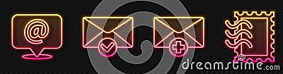 Set line Received message concept, Mail and e-mail on speech bubble, Envelope and check mark and Postal stamp. Glowing Vector Illustration