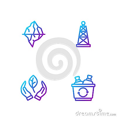Set line Recycle bin, Leaf hand, Iceberg and Oil rig. Gradient color icons. Vector Vector Illustration