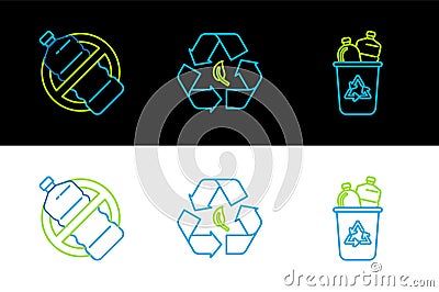 Set line Recycle bin with recycle symbol, No plastic bottle and and leaf icon. Vector Stock Photo