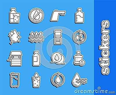 Set line Recycle clean aqua, Big bottle with water, Water tap, Waves of and evaporation, drop, Bottle glass and cooler Vector Illustration