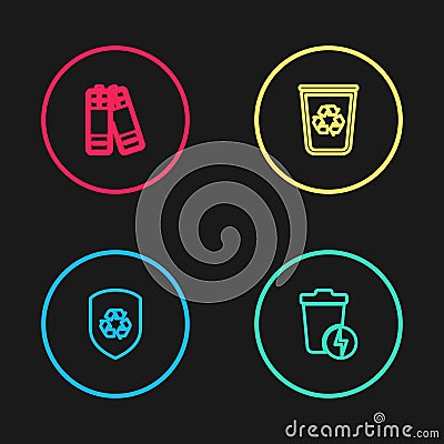 Set line Recycle inside shield, Lightning with trash can, bin recycle and Battery icon. Vector Vector Illustration