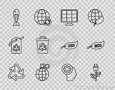 Set line Recycle symbol, Electric saving plug in leaf, Solar energy panel, Planet earth and recycling, Fish skeleton Stock Photo