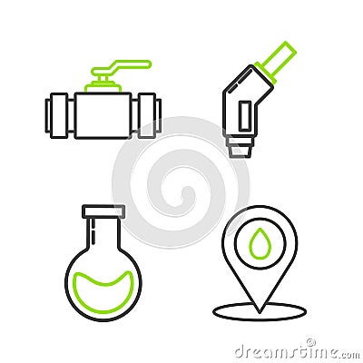 Set line Refill petrol fuel location, Test tube and flask, Gasoline pump nozzle and Industry metallic pipes valve icon Vector Illustration