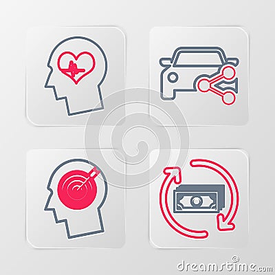 Set line Refund money, Head hunting concept, Car sharing and with heartbeat icon. Vector Vector Illustration