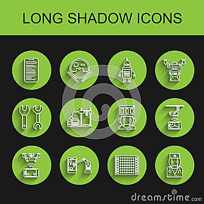 Set line Remote aerial drone, Computer api interface, Printed circuit board PCB, Robot doctor, 3D printer, Wireless Vector Illustration
