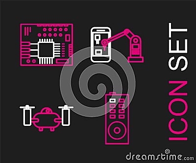 Set line Remote control, Drone flying with action camera, Industrial machine robotic robot arm hand and Printed circuit Vector Illustration