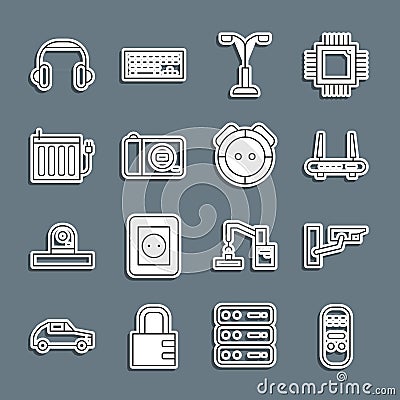 Set line Remote control, Security camera, Router and wi-fi signal, Street light, Photo, Heating radiator, Headphones and Vector Illustration