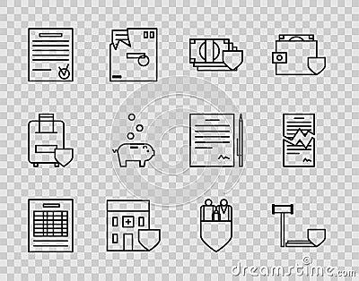 Set line Report file document, Judge gavel with shield, Money, Medical hospital building, Confirmed and check mark Vector Illustration